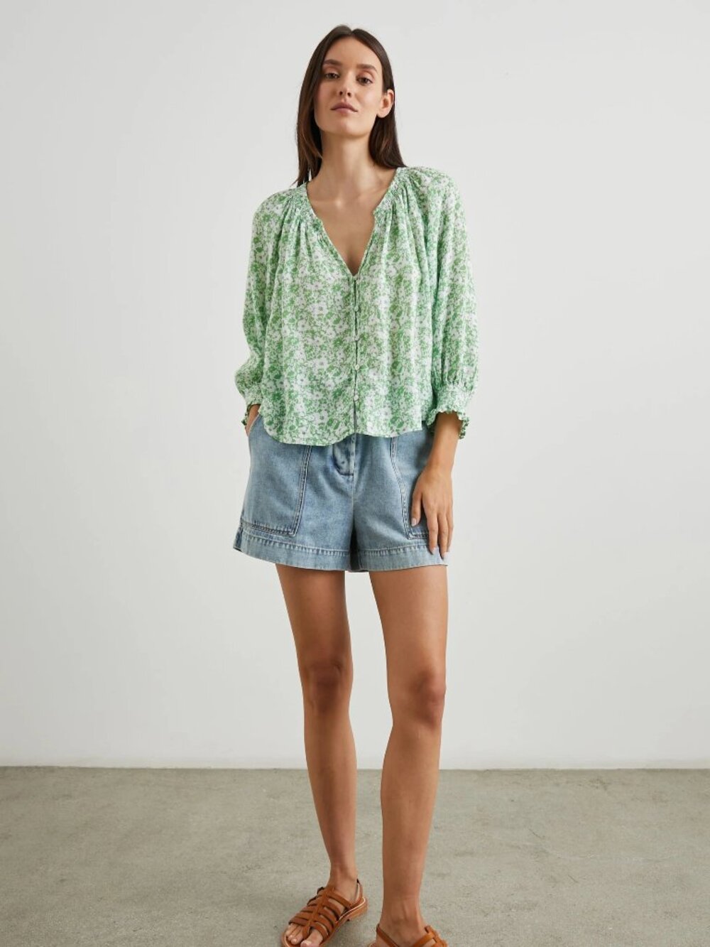RAILS Mariah Green Texture Floral Linen Blend Puff Sleeve Peasant Blouse, Size M
